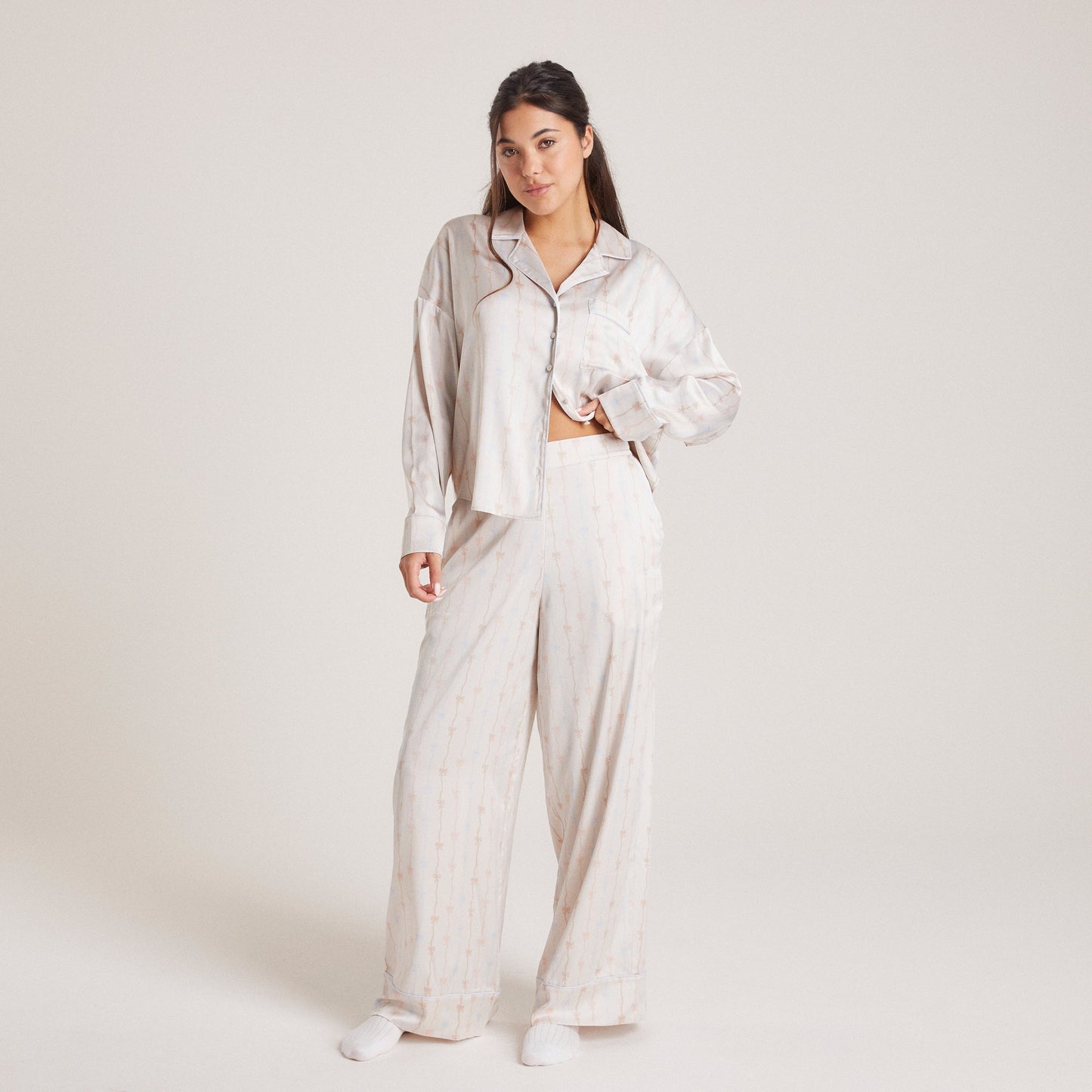 Bow Satin Pajama Pants - Pearl