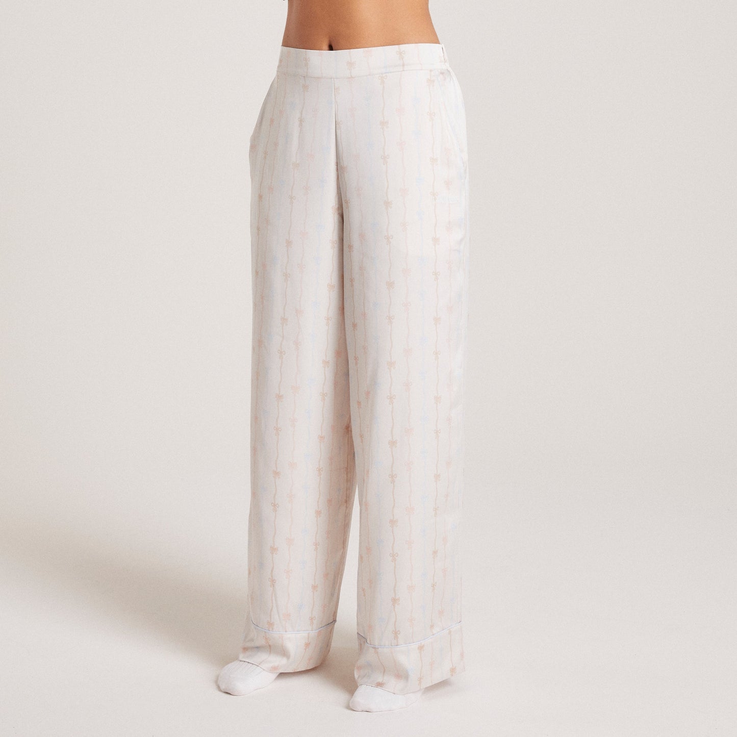 Bow Satin Pajama Pants - Pearl