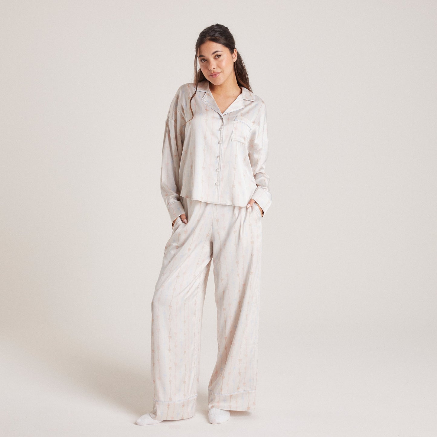 Bow Satin Pajama Shirt - Pearl