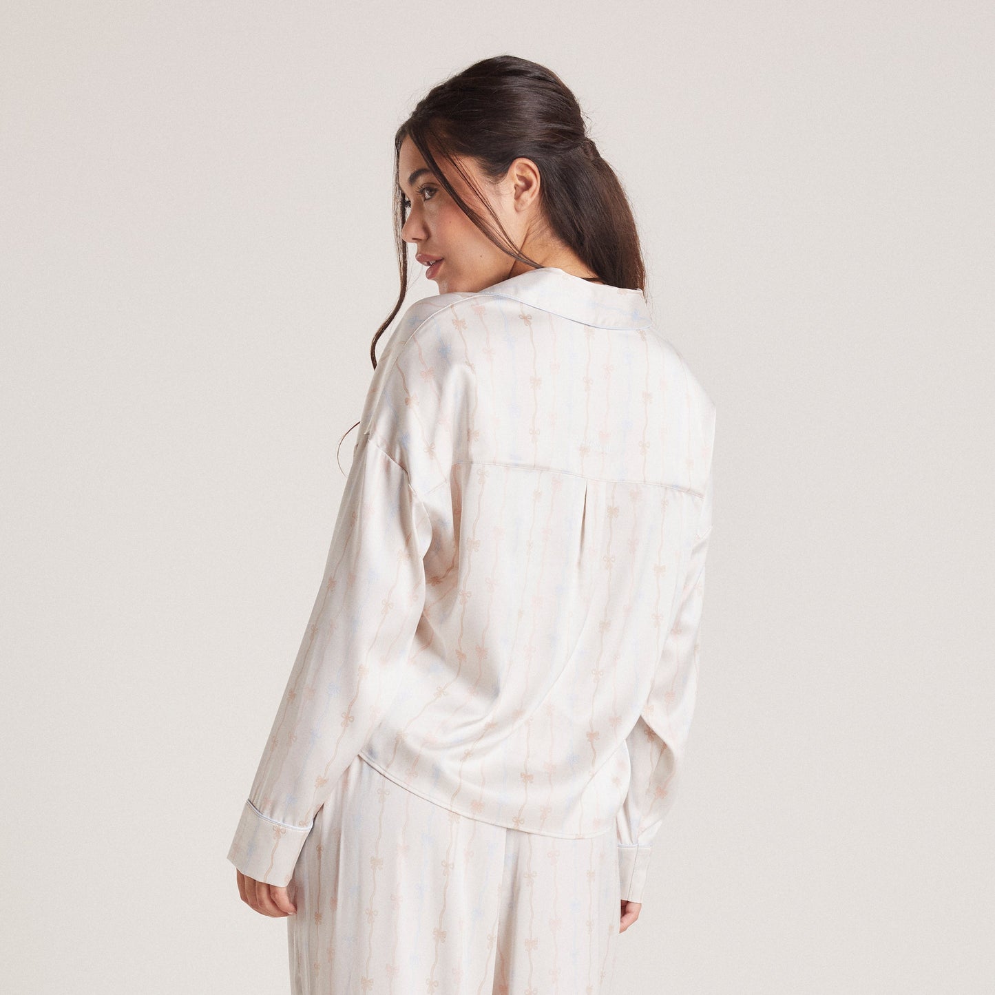 Bow Satin Pajama Shirt - Pearl
