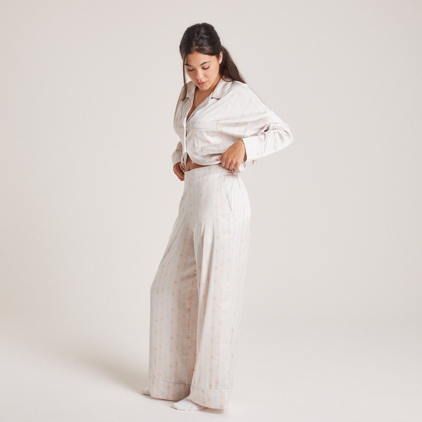 Bow Satin Pajama Pants - Pearl